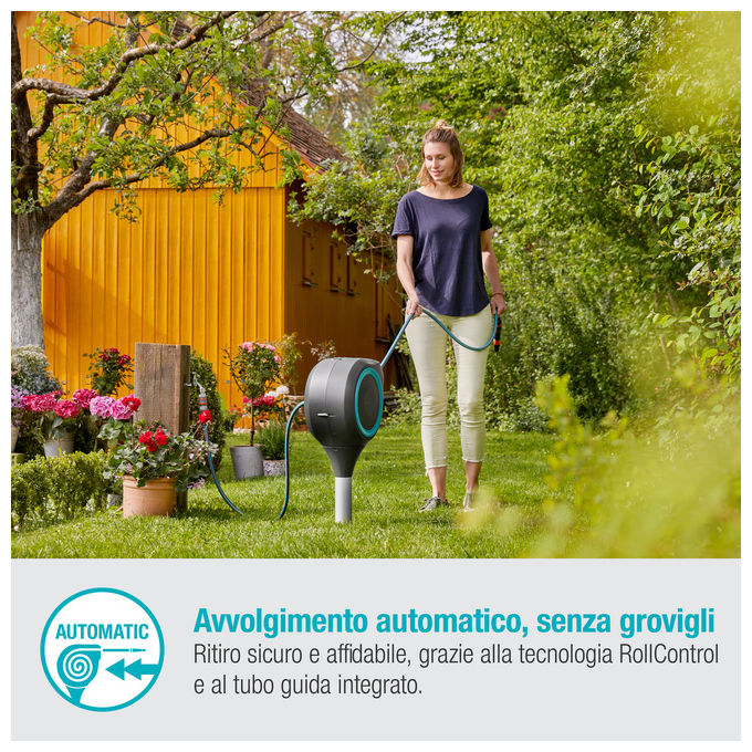 Gardena RollUp S Avvolgitubo da giardino 15 m con picchetto girevole 360° riavvolgimento automatico UV colore Foglia di te'