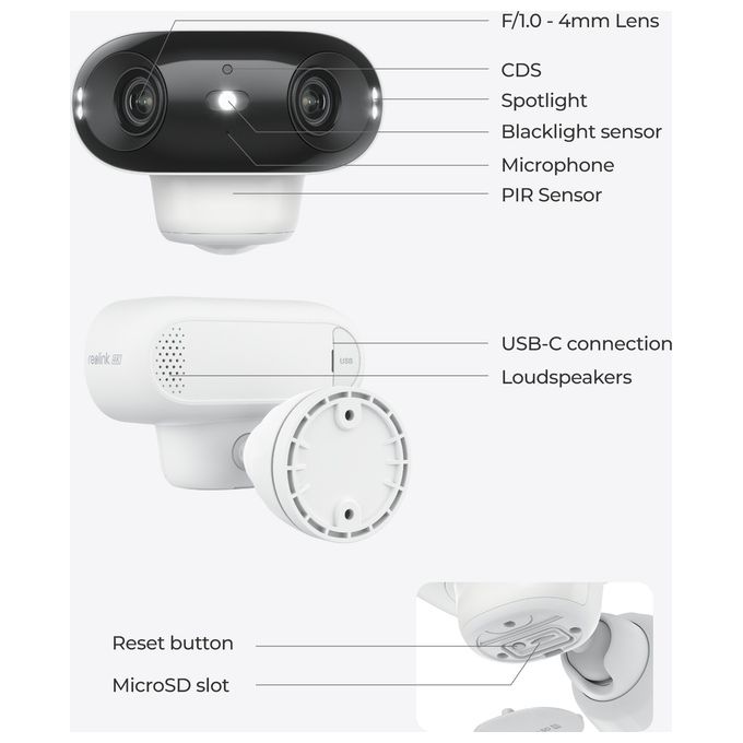 Reolink ARGUS B740X Argus Series Telecamera IP Wi-Fi 4K 180° Doppia Lente Visione Notturna a Colori Batteria 5000 mAh IP66 colore Bianco