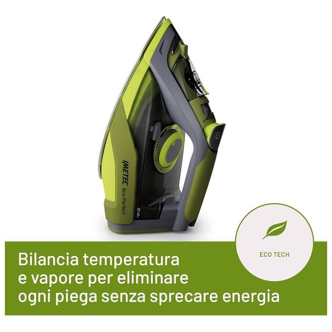 Imetec 9017 Eco Perfect Ferro da Stiro a Vapore 2400W Piastra Pro Ceramic Colpo Vapore 160g Serbatoio 300ml Tripla Protezione Anticalcare colore Verde Grigio