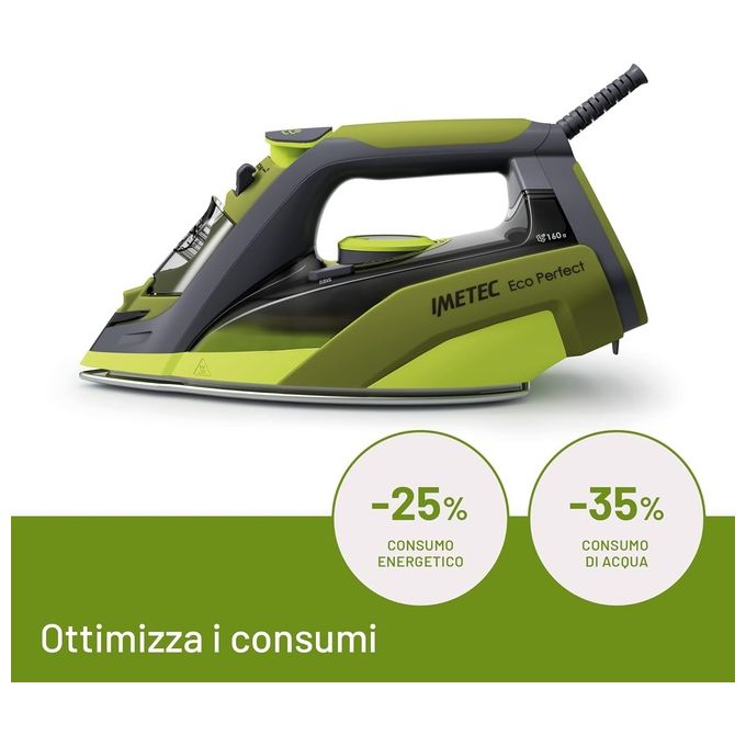 Imetec 9017 Eco Perfect Ferro da Stiro a Vapore 2400W Piastra Pro Ceramic Colpo Vapore 160g Serbatoio 300ml Tripla Protezione Anticalcare colore Verde Grigio