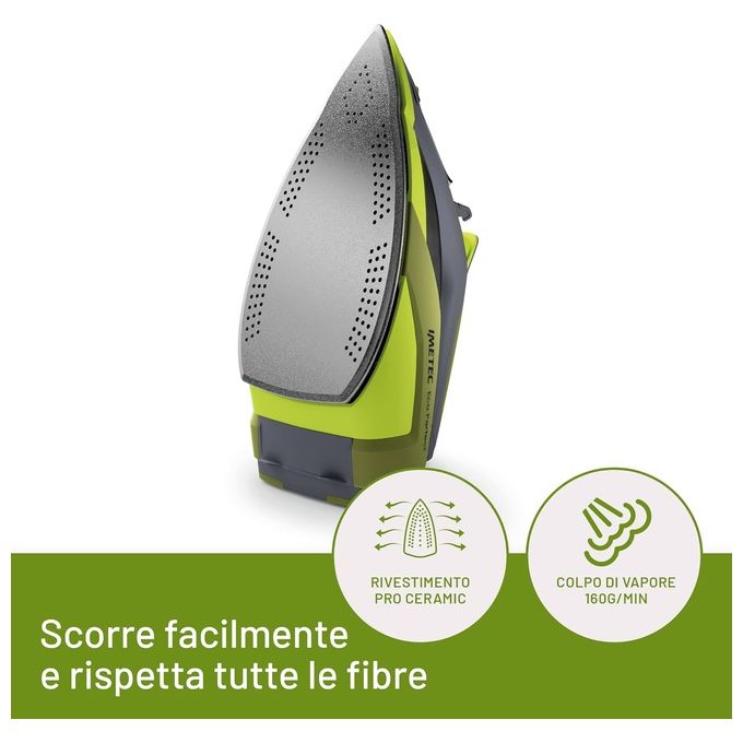 Imetec 9017 Eco Perfect Ferro da Stiro a Vapore 2400W Piastra Pro Ceramic Colpo Vapore 160g Serbatoio 300ml Tripla Protezione Anticalcare colore Verde Grigio