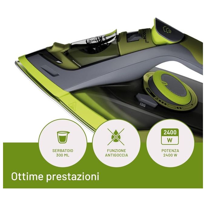 Imetec 9017 Eco Perfect Ferro da Stiro a Vapore 2400W Piastra Pro Ceramic Colpo Vapore 160g Serbatoio 300ml Tripla Protezione Anticalcare colore Verde Grigio