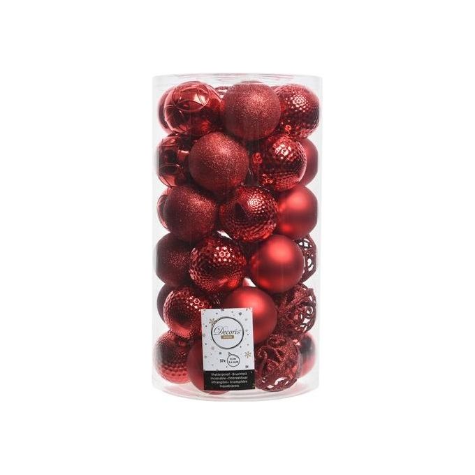 AMICASA 71868 Cilindro 37 Sfere Natalizie Palline per Albero di Natale Ø6cm finiture assortite colore Rosso