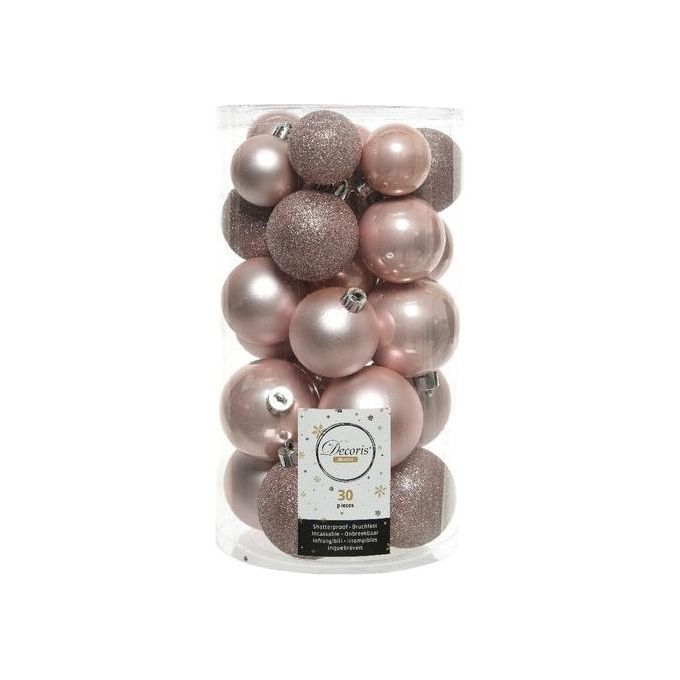 Decoris KAE022937 Palline di Natale Infrangibili 30 Pezzi Misto Lucido Opaco Glitter 6 cm colore Rosa Cipria