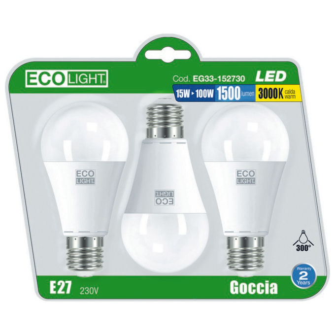 Ecolight EG33-152730 Lampadina LED Goccia E27 15W 1521 lm Luce Calda 3000K Classe F Confezione 3 pezzi