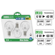 Ecolight F241926 Set 3 Lampadine LED Mini Globo E14 8W 806 lm Luce Calda 3000K Classe A+ equivalente 60W