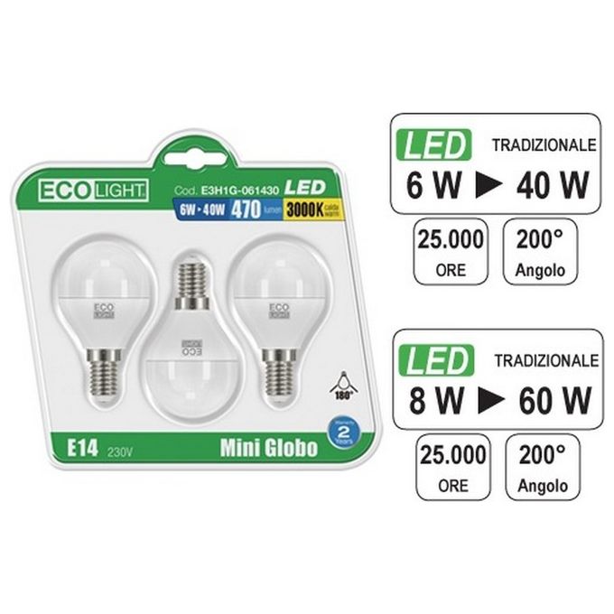 Ecolight F241926 Set 3 Lampadine LED Mini Globo E14 8W 806 lm Luce Calda 3000K Classe A+ equivalente 60W
