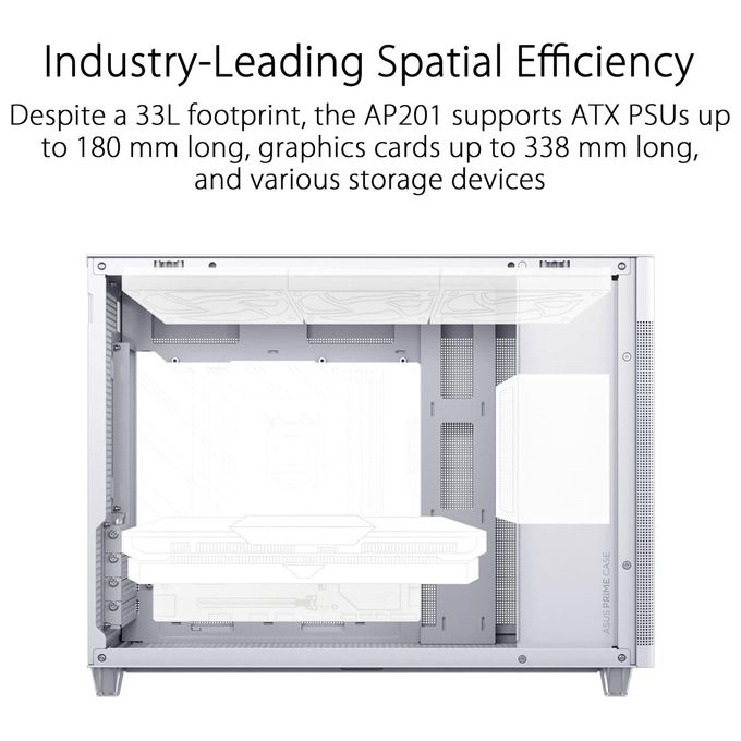 ASUS Prime AP201 TG, Case Micro-ATX, 33 litri, Pannelli Tool-free, Mesh quasi filtrante, Supporto per Dissipatori da 360 mm, Compatibile con Schede Grafiche fino a 338 mm e PSU ATX standard, Bianco
