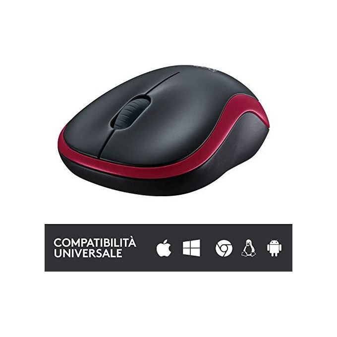 Logitech M185 Mouse Wireless Ottico 1000 DPI Rosso e Nero per PC Portatile e Ufficio