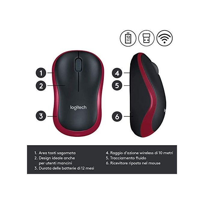Logitech M185 Mouse Wireless Ottico 1000 DPI Rosso e Nero per PC Portatile e Ufficio