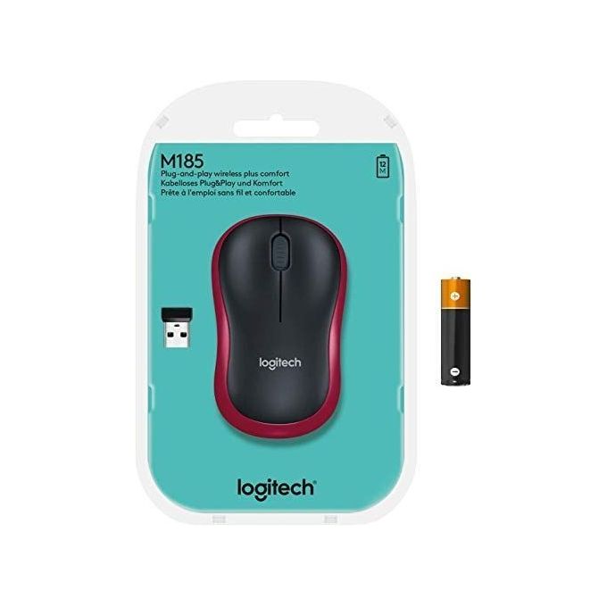 Logitech M185 Mouse Wireless Ottico 1000 DPI Rosso e Nero per PC Portatile e Ufficio