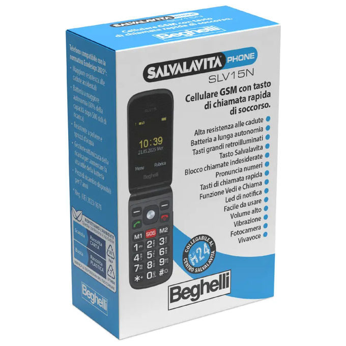 Beghelli 9137N SLV15N ECO Telefono Cellulare per Anziani GSM Tasto SOS Tasti Grandi Fotocamera 800mAh colore Nero
