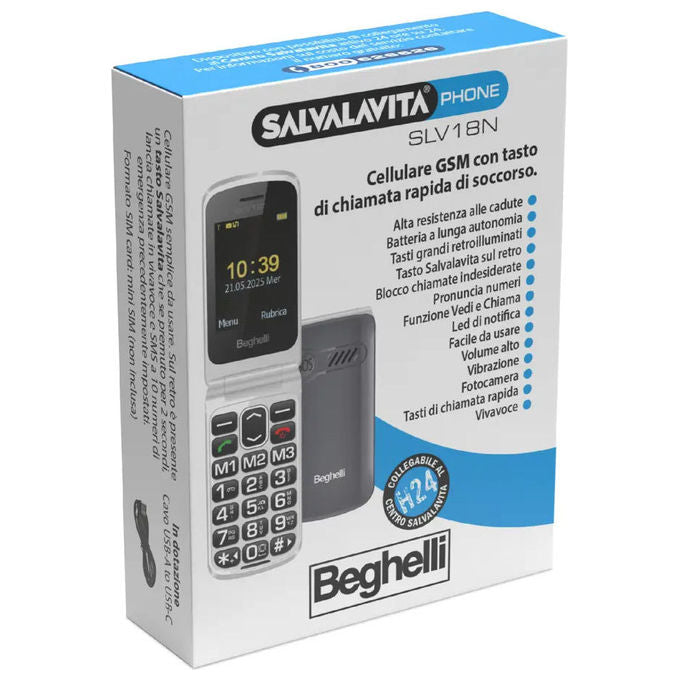 Beghelli 9138N SLV18N ECO Cellulare per Anziani GSM Tasto SOS Tasti Grandi Display 2.4'' Dual SIM Torcia Radio FM colore Grigio