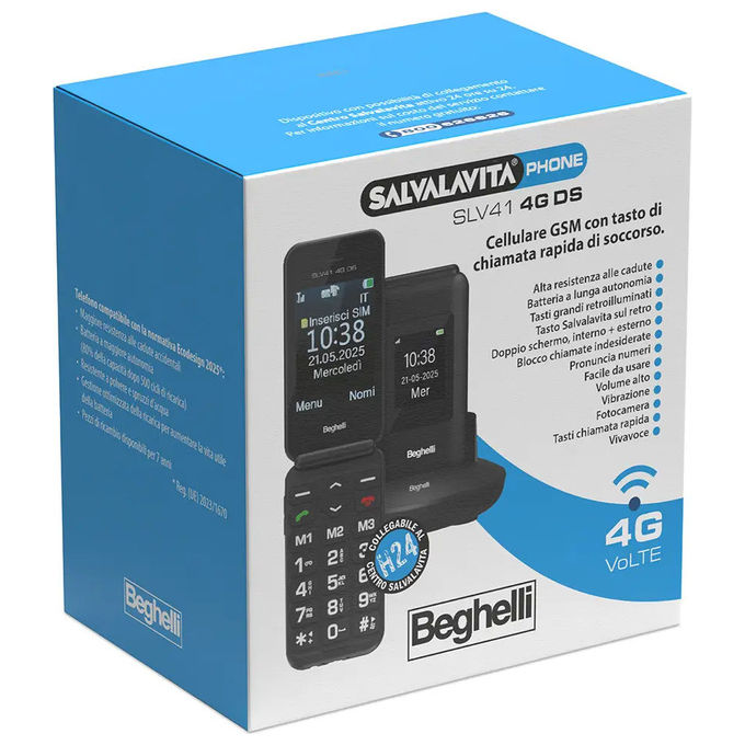 Beghelli 9141 SLV41 Telefono per Anziani 4G VoLTE Doppio Display 2.8'' Tasto SOS Tasti Grandi colore Nero