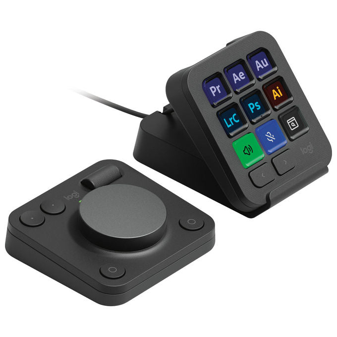 Logitech MX Creative Console, tastierino programmabile, 9 tasti LCD personalizzabili, manopola di controllo, Bluetooth, USB-C, per Adobe, grafica e video editing, grafite