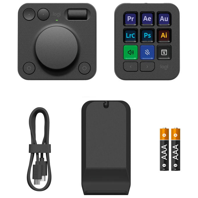 Logitech MX Creative Console, tastierino programmabile, 9 tasti LCD personalizzabili, manopola di controllo, Bluetooth, USB-C, per Adobe, grafica e video editing, grafite