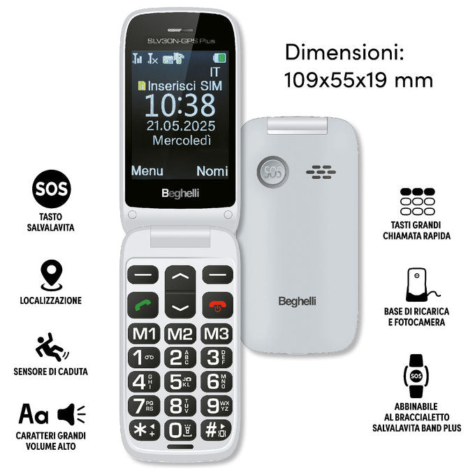 Beghelli 9201N SLV30N GPS Plus Telefono Cellulare per Anziani Tasto SOS GPS Wi-Fi Dual SIM Display 2.8'' colore Grigio