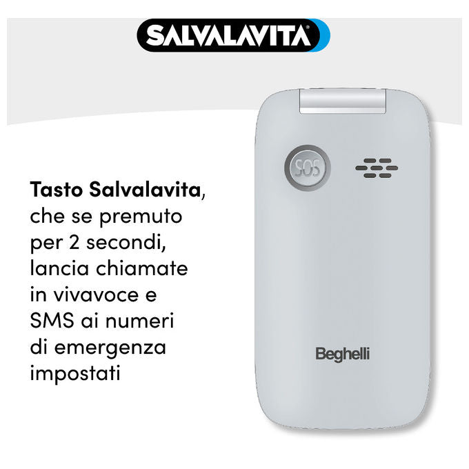 Beghelli 9201N SLV30N GPS Plus Telefono Cellulare per Anziani Tasto SOS GPS Wi-Fi Dual SIM Display 2.8'' colore Grigio