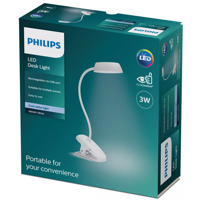 Philips, Lampada da Scrivania a Morsetto LED Donutclip, 3W Bianco