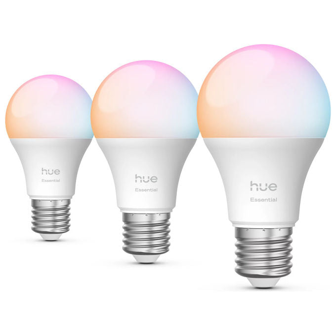 Philips Hue Essential lampadina LED intelligente E27, A60, luce bianca e colorata, dimmerabile, 8W, confezione da 3
