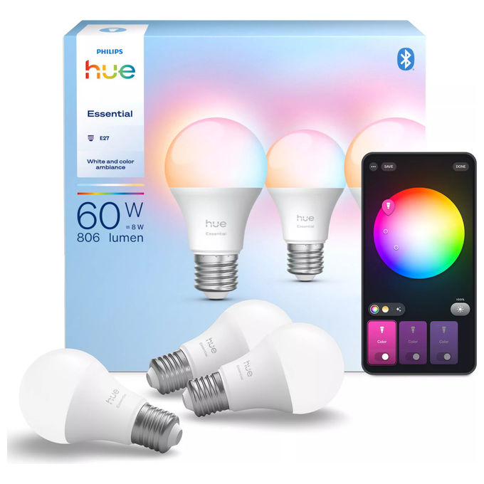 Philips Hue Essential lampadina LED intelligente E27, A60, luce bianca e colorata, dimmerabile, 8W, confezione da 3