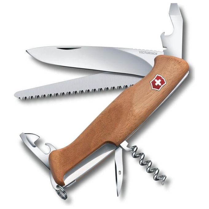 Victorinox 0.9561.63 RangerWood 55 Coltello Multiuso con Lama Bloccabile e Sega per Legno 10 Funzioni in Legno di Noce