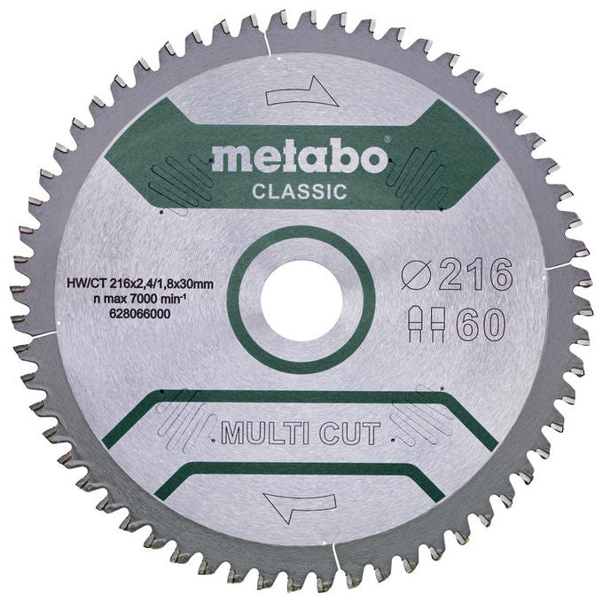 Metabo 628066000 Lama Circolare Multi Cut Classic HW-CT 216x30 mm 60 Denti FZ-TZ 5° Negativo colore Nero