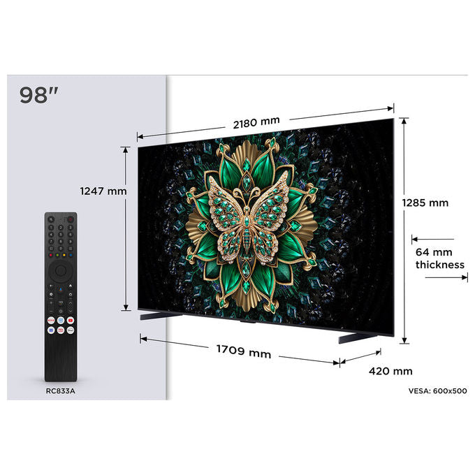 TCL 98C6K smart tv 98 pollici, QD-Mini LED, 4K HDR, Google TV, 144 Hz, Dolby Vision IQ, Atmos, Onkyo 2.1, Game Master
