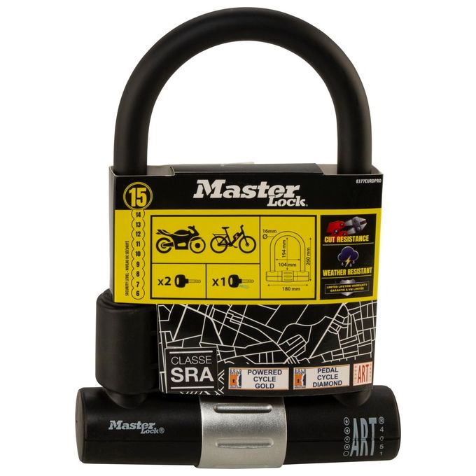 Master Lock 8377EURDPRO Antivol in U Acciaio Temprato Doppio Bloccaggio Ansa 16 mm Colore Nero