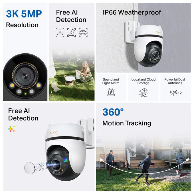 TP-Link TAPO C530WS Telecamera di Sicurezza IP Esterna con Risoluzione 3K 5MP Angolo di Visione 360° Audio Bidirezionale e Visione Notturna a Colori colore Bianco