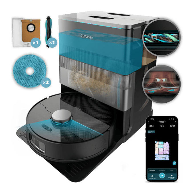 Cecotec A01_EU01_114481 Conga X70 Robot aspirapolvere e lavapavimenti con IA Navigazione Laser 5200 mAh autonomia 240 min Wi-Fi colore Nero