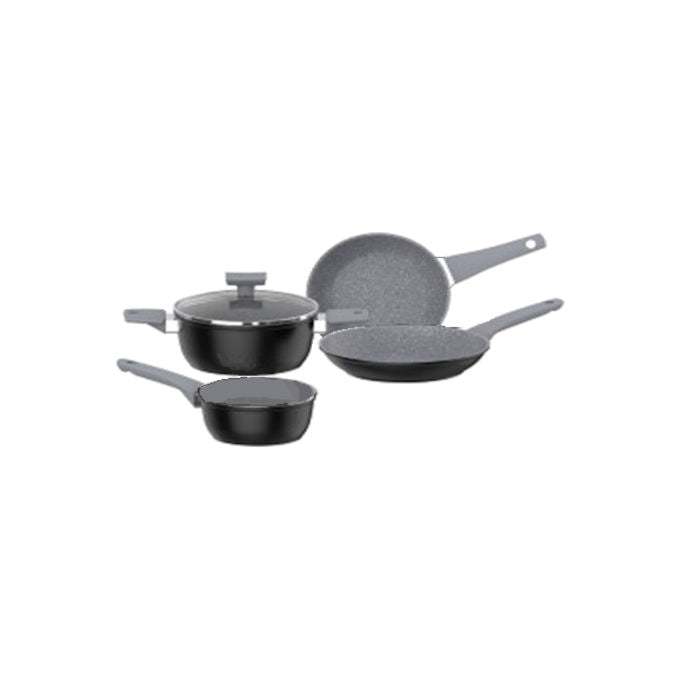 Moneta ALL000485NOC Opale Stone Grey Set Pentole e Padelle 5 Pezzi in Alluminio con Rivestimento Effetto Pietra Adatto a Tutti i Piani Cottura incluso Induzione Manici Soft Touch colore Grigio Pietra
