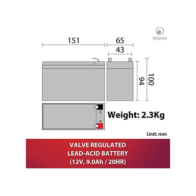 Atlantis Batteria Per Ups, Antifurti 12v-9,0ah Scatola Singola