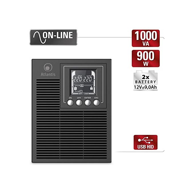 Atlantis A03-OP1002 UPS Online Gruppo di Continuita' Server Doppia Conversione 1000VA 900W Tower Onda Sinusoidale 4 IEC LCD USB EPO Slot SNMP 2x12V 9Ah colore Nero