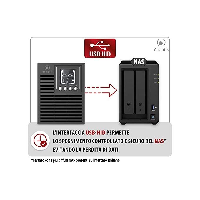 Atlantis A03-OP1002 UPS Online Gruppo di Continuita' Server Doppia Conversione 1000VA 900W Tower Onda Sinusoidale 4 IEC LCD USB EPO Slot SNMP 2x12V 9Ah colore Nero
