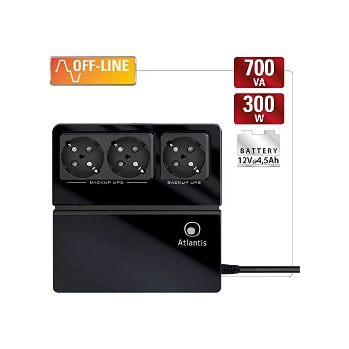 Atlantis OnePower 700, UPS OffLine 700VA-300W, 3 prese Schuko, 1 Batteria 12V 4.5Ah