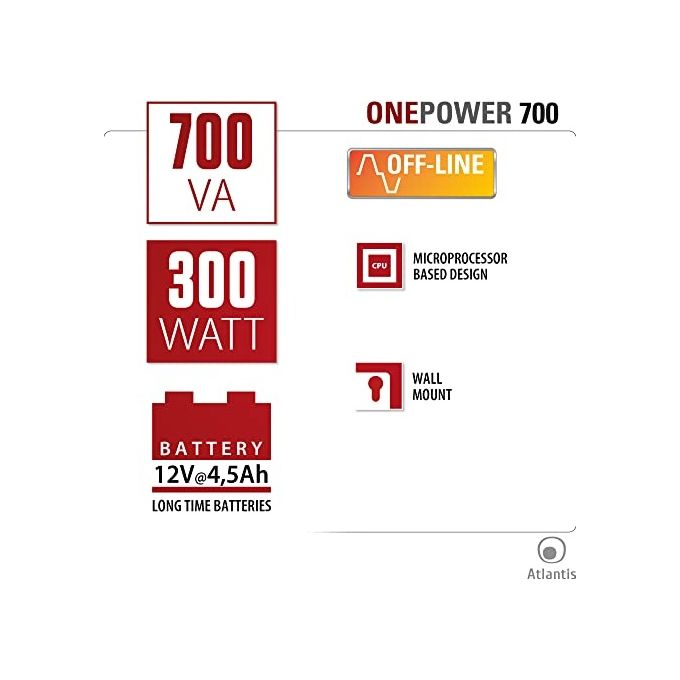 Atlantis OnePower 700, UPS OffLine 700VA-300W, 3 prese Schuko, 1 Batteria 12V 4.5Ah