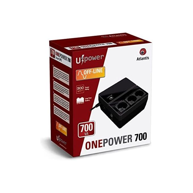 Atlantis OnePower 700, UPS OffLine 700VA-300W, 3 prese Schuko, 1 Batteria 12V 4.5Ah