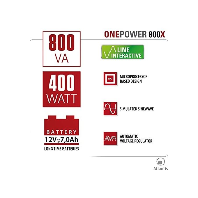Atlantis OnePower PX800, UPS Line Interactive 800VA-400W, AVR (3 stadi), Onda PseudoSinusoidale, 4 prese IEC, 1 Batteria 12V 7Ah