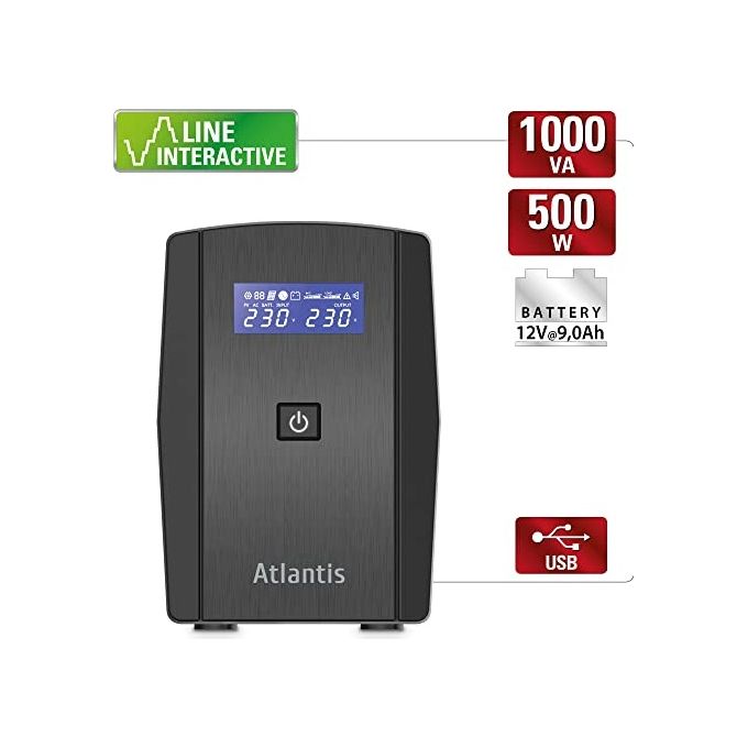 Atlantis OnePower S120, UPS Line Interactive 1000VA-500W, AVR (3 stadi), Onda PseudoSinusoidale, 4 prese IEC, 1 Batteria 12V 9Ah,Software di gestione scaricabile gratuitamente