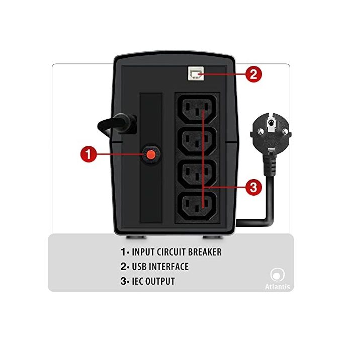Atlantis OnePower S120, UPS Line Interactive 1000VA-500W, AVR (3 stadi), Onda PseudoSinusoidale, 4 prese IEC, 1 Batteria 12V 9Ah,Software di gestione scaricabile gratuitamente
