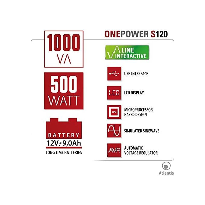 Atlantis OnePower S120, UPS Line Interactive 1000VA-500W, AVR (3 stadi), Onda PseudoSinusoidale, 4 prese IEC, 1 Batteria 12V 9Ah,Software di gestione scaricabile gratuitamente