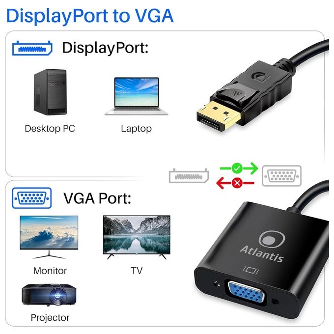 Atlantis adattatore da Display Port (DP) a VGA, 1080p 60 Hz, per PC e Notebook