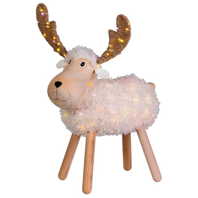 Lotti XD130_2 Pecorenna Luminosa in Legno e Pelo Decorazione Natalizia con 8 Effetti Luce Led 20 x 31 H cm colore Bianco