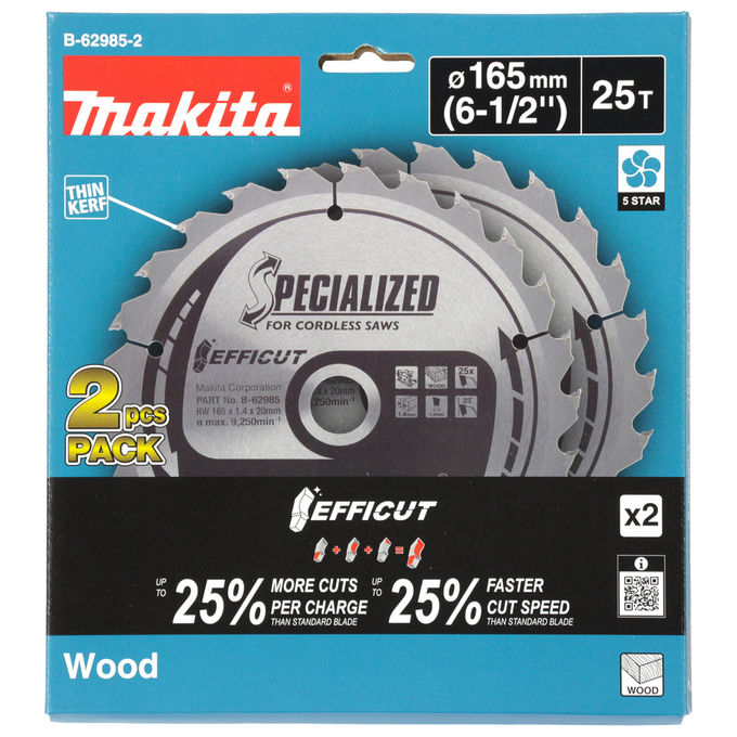 Makita B-62985-2 Lama per sega circolare EFFICUT 165 mm 25 denti HM-TCC per legno velocita' max 9250 giri-min foro 20 mm spessore 1,4 mm colore Nero