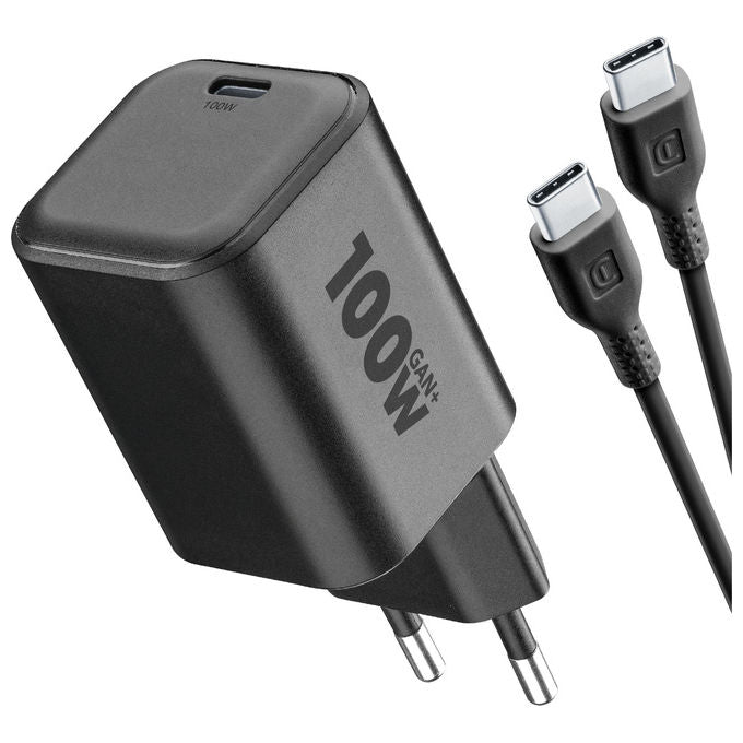 Cellular Line ACHKITGAN100WLAPK Caricabatterie da Rete USB-C 100W GaN+ Power Delivery con Cavo USB-C 2m colore Nero