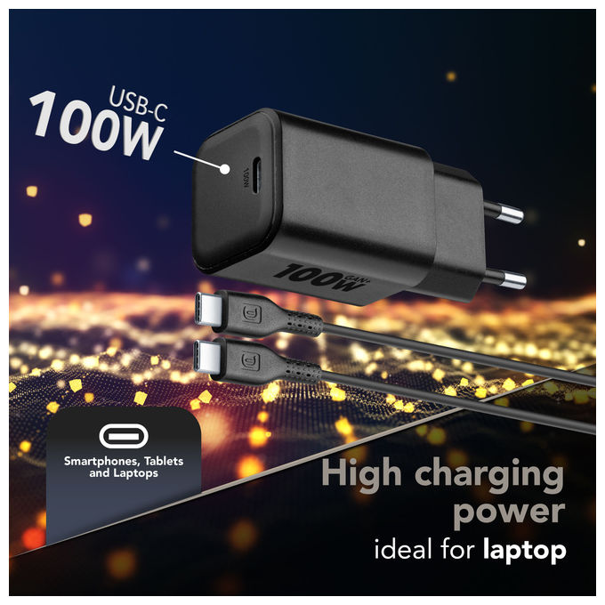 Cellular Line ACHKITGAN100WLAPK Caricabatterie da Rete USB-C 100W GaN+ Power Delivery con Cavo USB-C 2m colore Nero