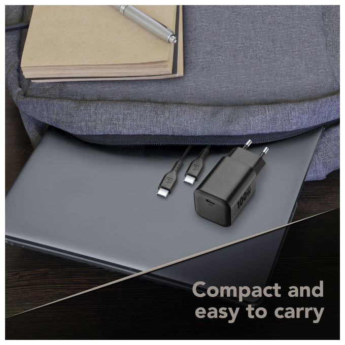 Cellular Line ACHKITGAN100WLAPK Caricabatterie da Rete USB-C 100W GaN+ Power Delivery con Cavo USB-C 2m colore Nero