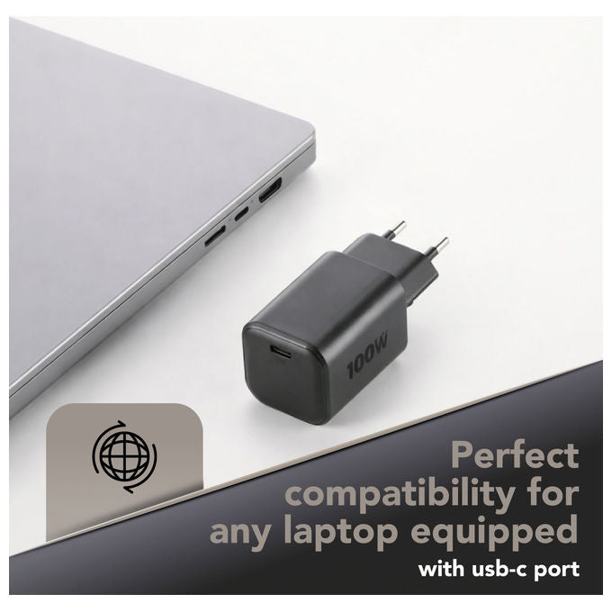 Cellular Line ACHKITGAN100WLAPK Caricabatterie da Rete USB-C 100W GaN+ Power Delivery con Cavo USB-C 2m colore Nero