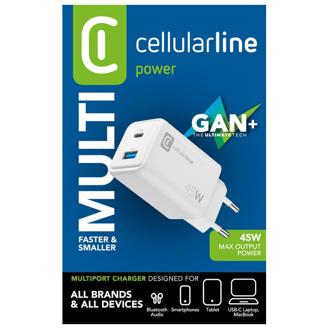 Cellularline, Caricabatterie da Muro, 45W, USB-C USB-A, Bianco